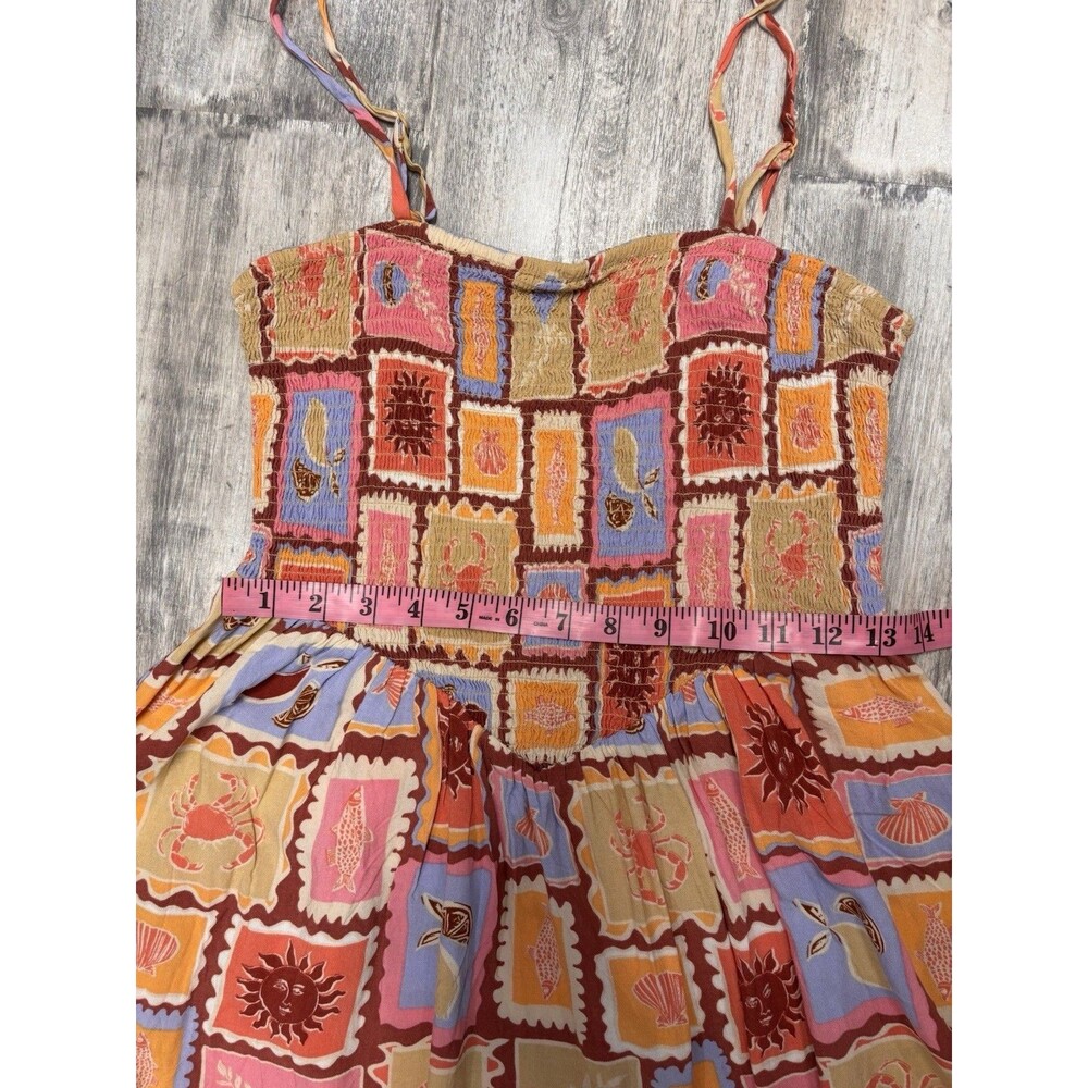 Mediterranean Coastal Smocked Midi Sundress Citrus Sun Novelty Print Dress S - Picture 10 of 11